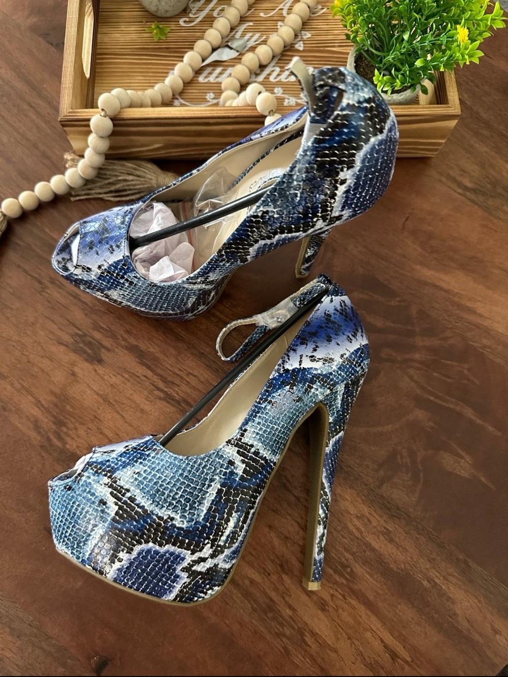 Blue Snake-Print Platform Peep-Toe Heels - Women